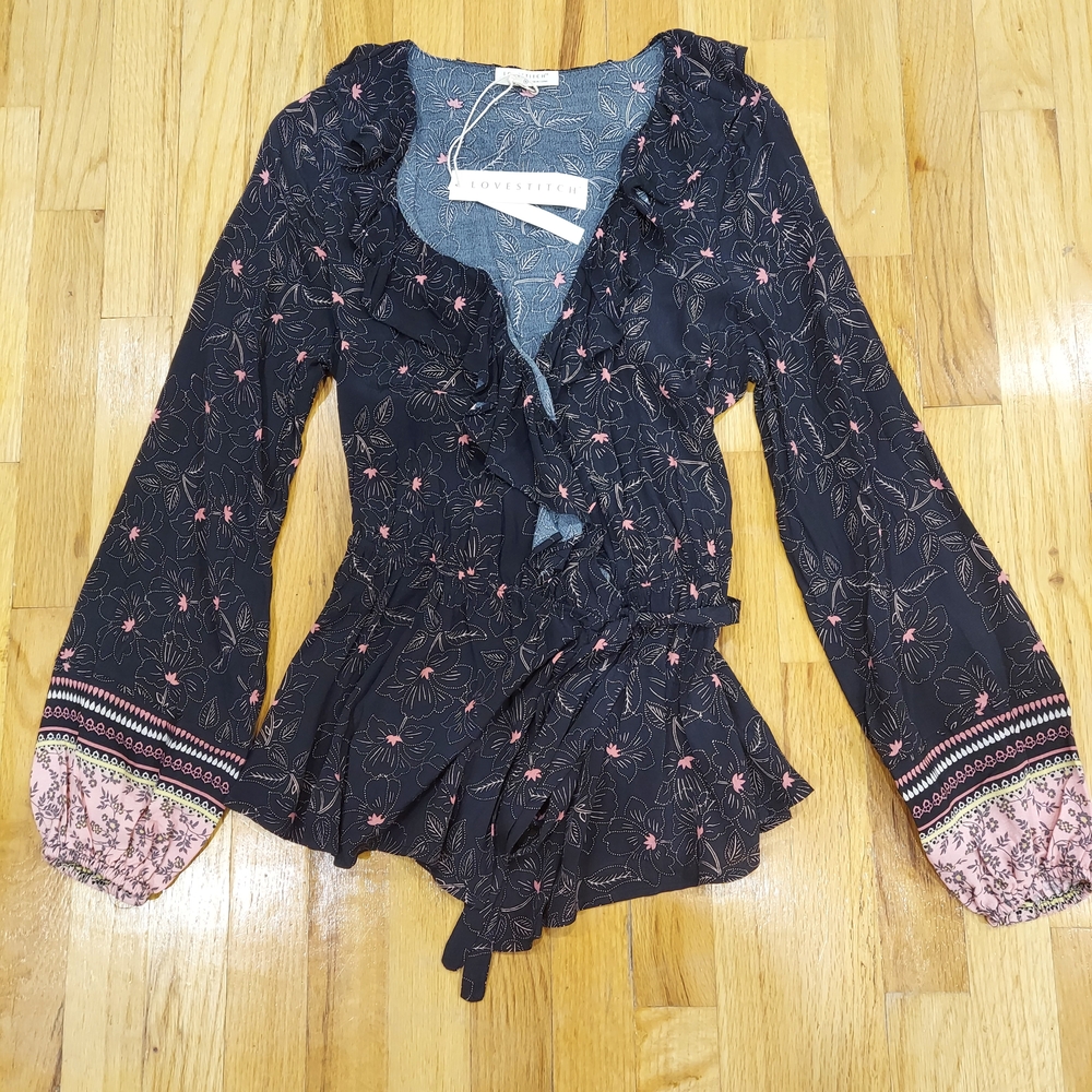 NWT Love Stitch Black and Pink Floral Wrap Around Blouse (Size: S)
